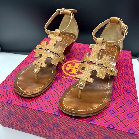 Tory Burch Logo Chandler Wedge Sandals Brown Tan Size 8 - Picture 1 of 9